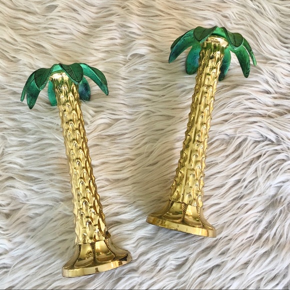 Vintage | Palm Tree Taper Candleholders Green Gold PAIR Preppy Palm Beach - Picture 1 of 8